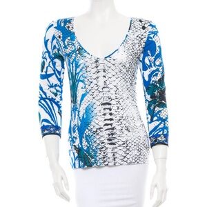 Emilio Pucci White and Blue V-Neck Printed Long Sleeve Top